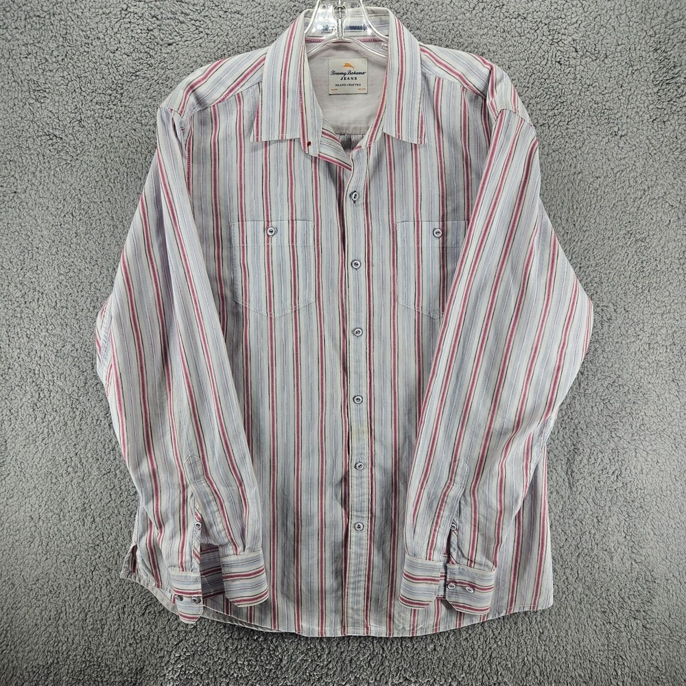 Tommy Bahama Jeans Mens Large L Button Up Shirt Striped Cotton Long Sleeve 6428W